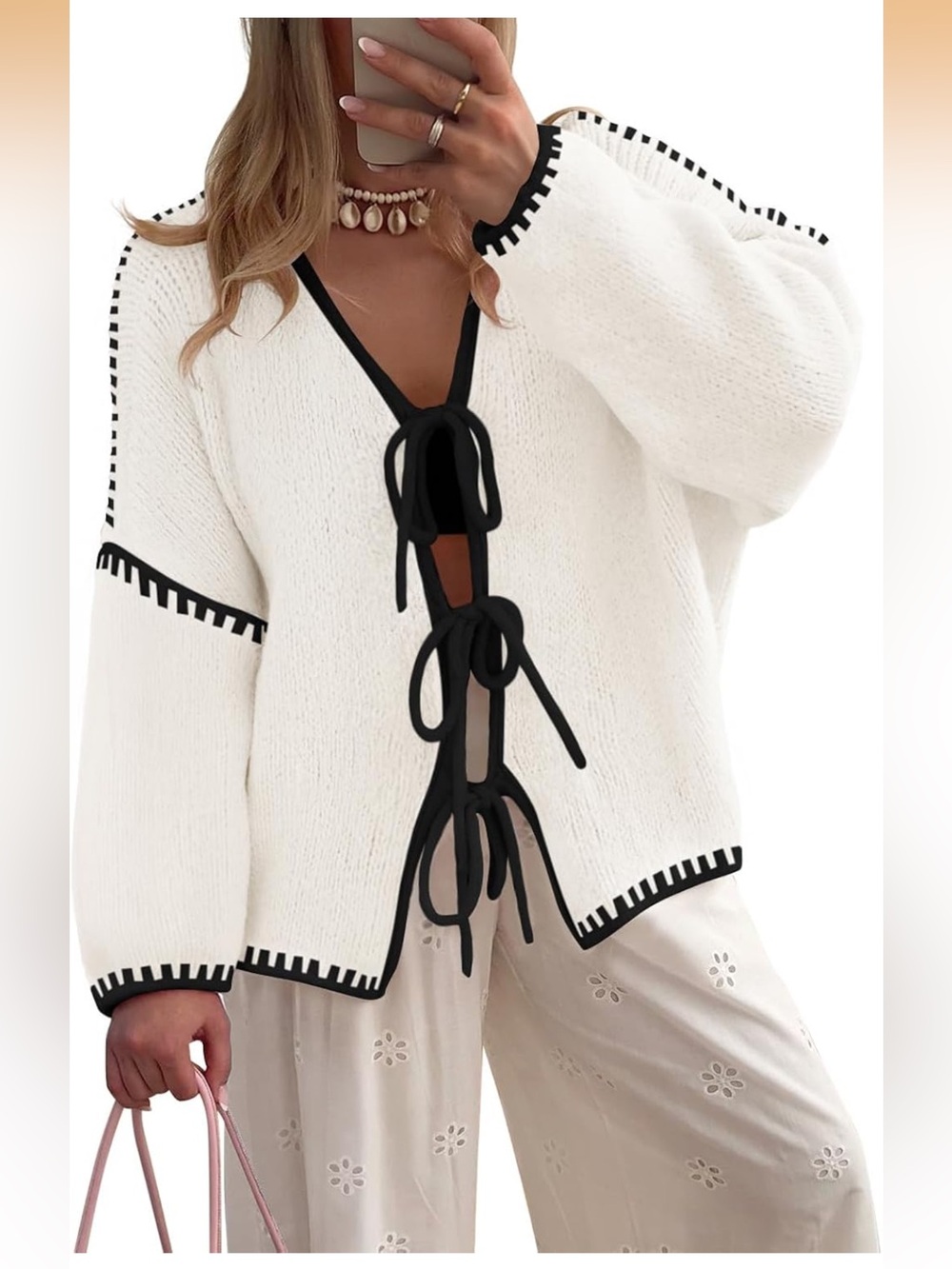 Zesica Cream Cardigan with Black Trim Tie-Front